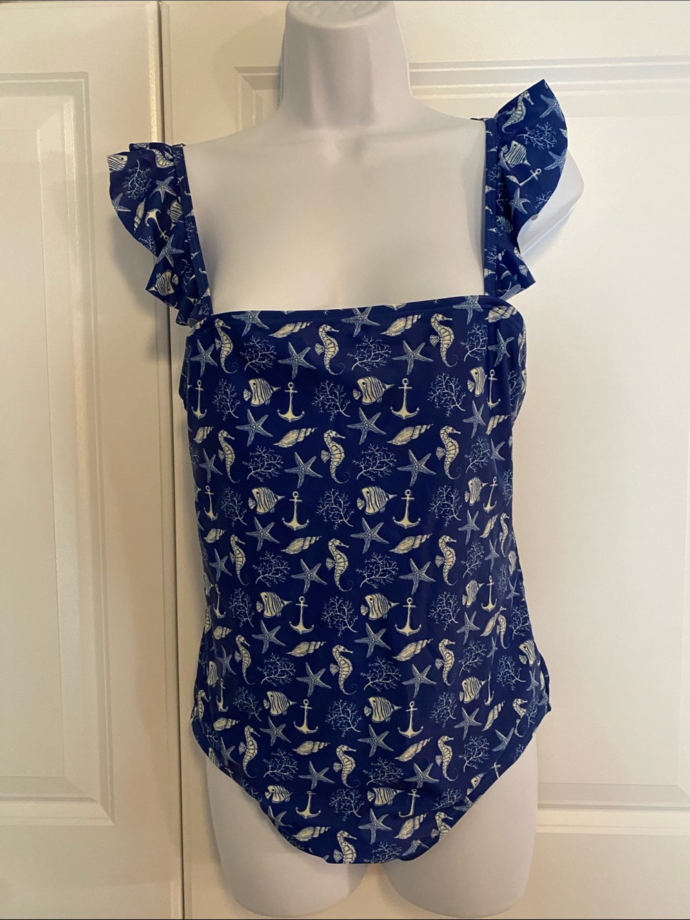 Navy Nautical Print One-Piece Swimsuit with Ruffle Straps